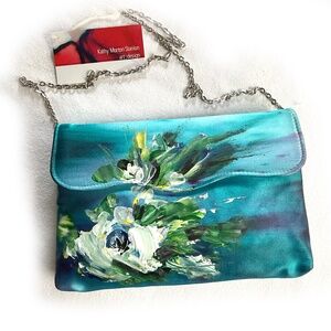 Hand Painted Vintage Handbag, Clutch, Purse, Teal, Blue, Floral